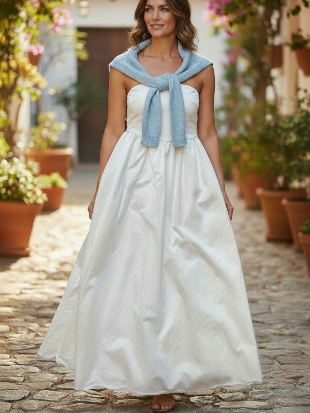 Strapless White Maxi Dress - bachelorette party, bridal luncheon, bridal shower.